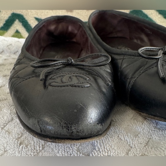Chanel Quilted Black Leather CC Cap Toe Bow Ballet Flats Size 40 US 10 *READ* - Picture 5 of 16